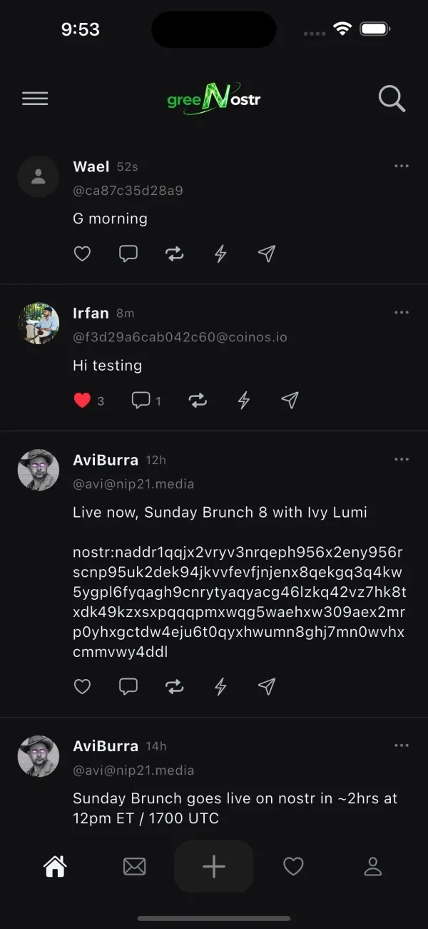 GreeNostr home feed showing notes from people you follow