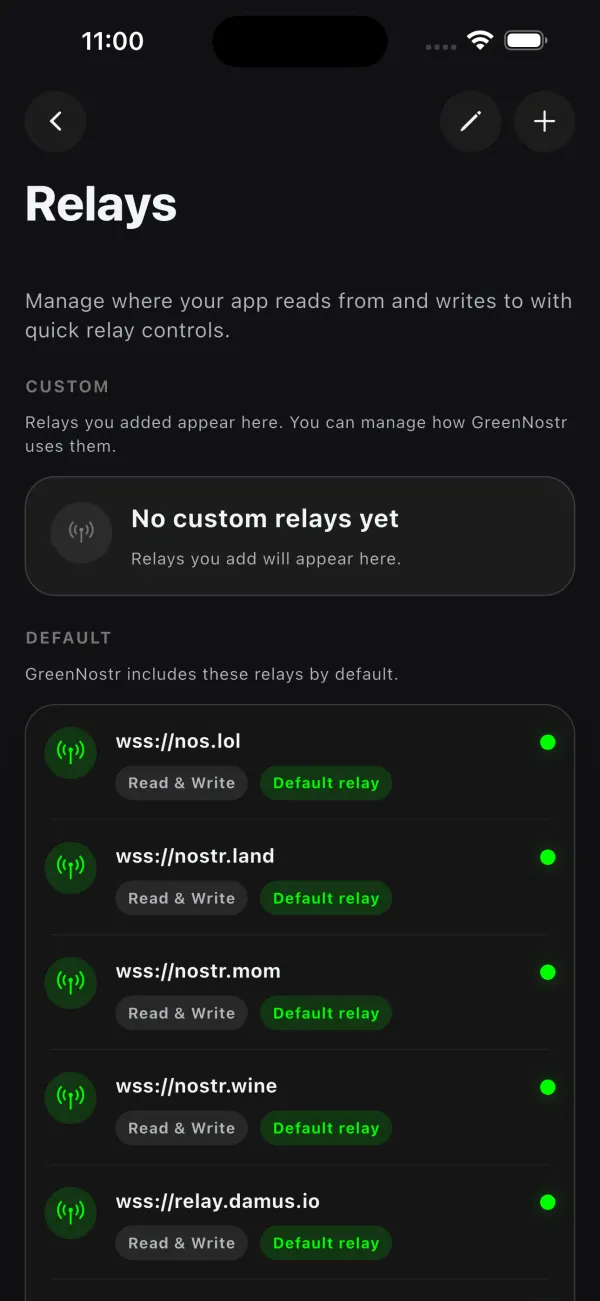 Relay management screen with default and custom relays